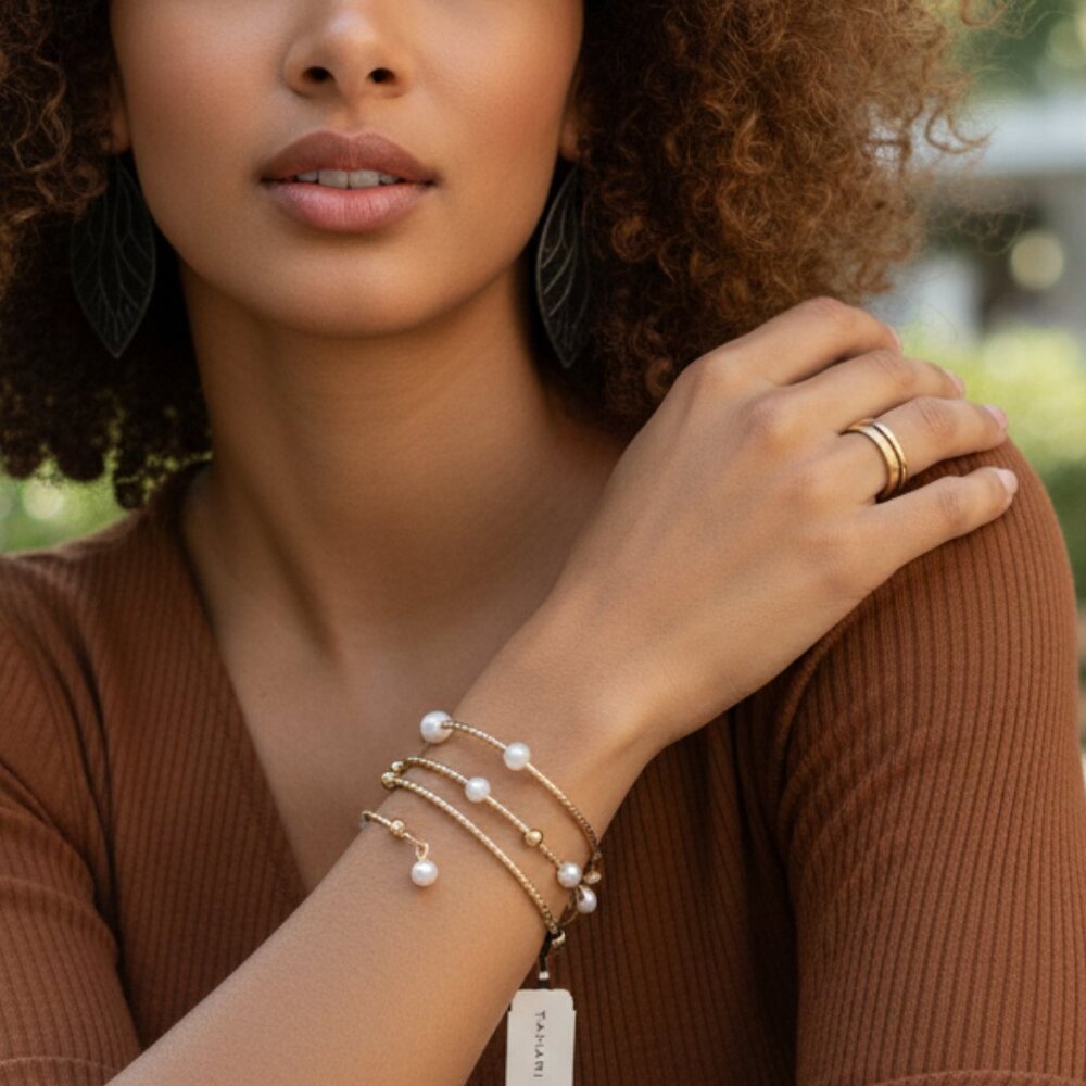 TAHARI Hammered Gold Pearl Coil Bracelet Memory Wire Wrap Spiral Bangle Bypass